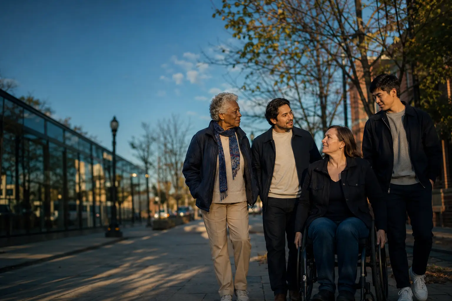 Neighbors and a community guide meeting outside a local center