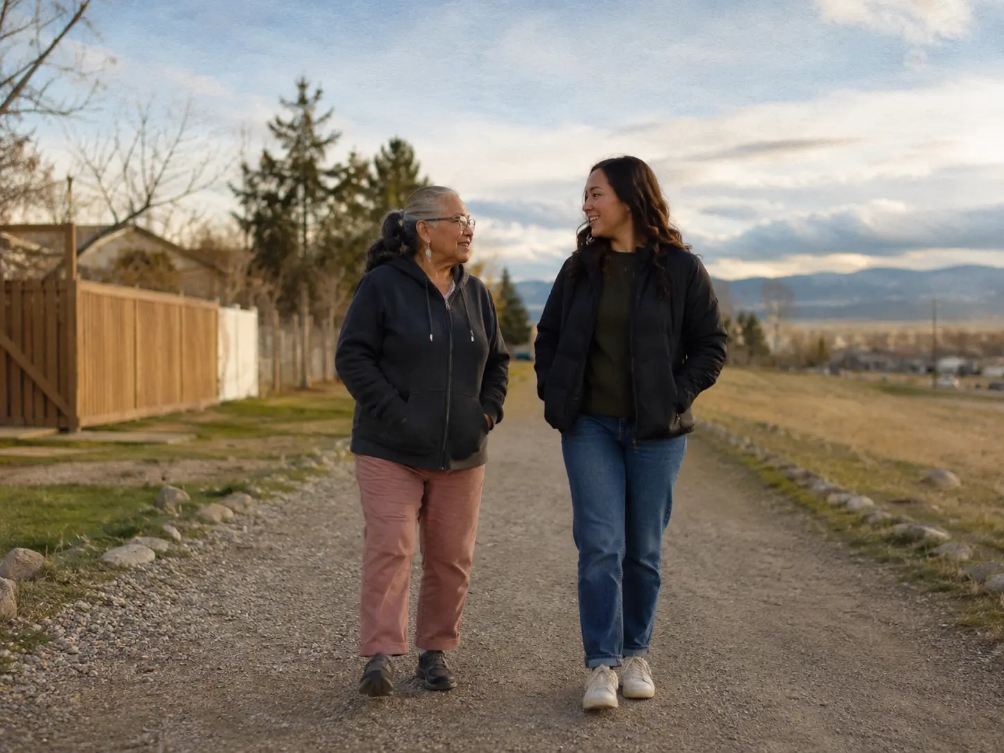 A person and companion walking forward together