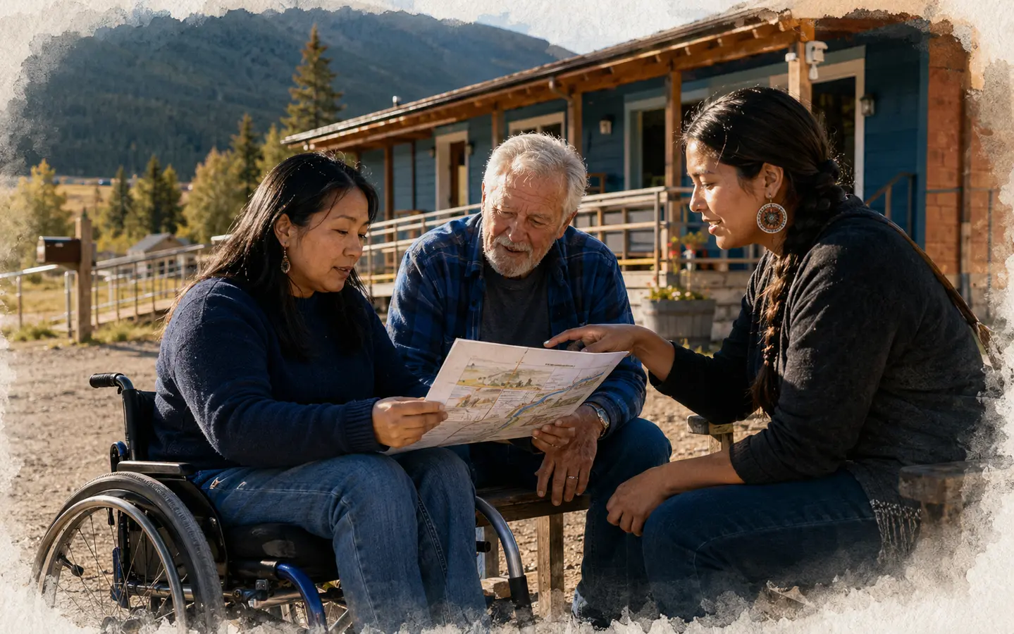 A wheelchair user, older neighbor, and community navigator reviewing local support outside a rural center