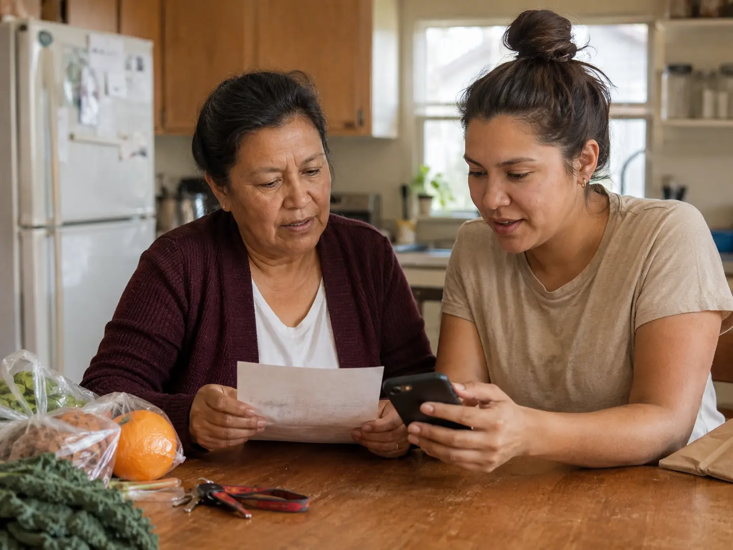 Two people looking together at a phone while making a plan
