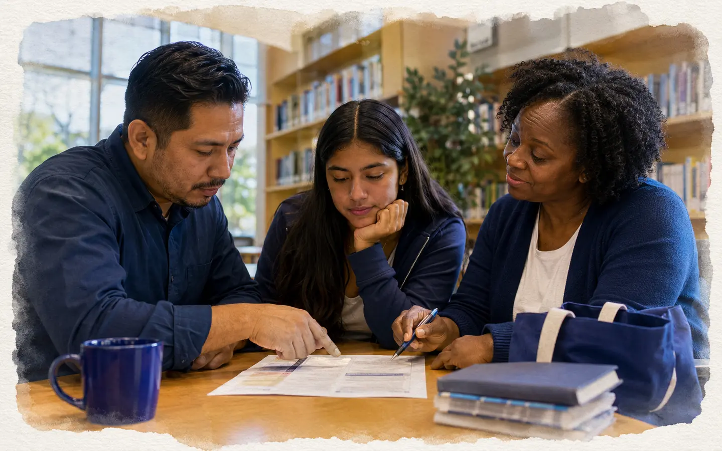 A father, teenager, and community navigator exploring work and learning choices at a library